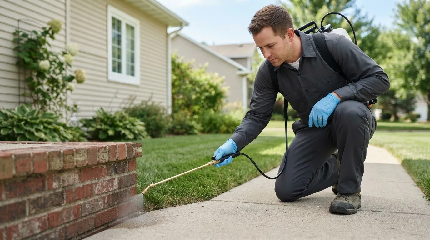 Pest control technician treating a home near Roxbury, MA